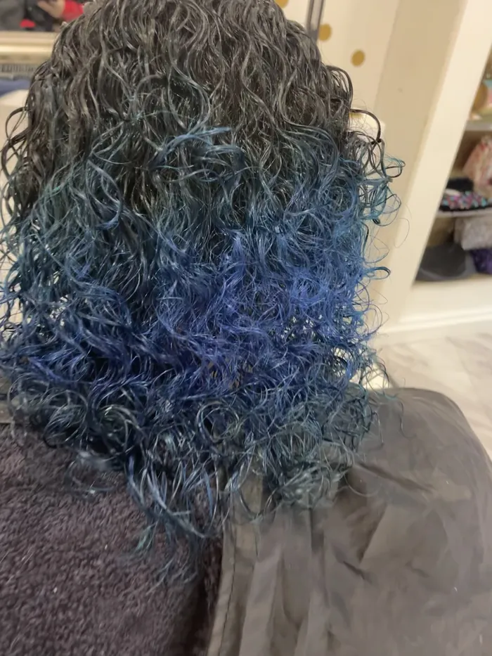 Curly hair coloured in a deep blue ombre, fading from dark roots to bright blue ends